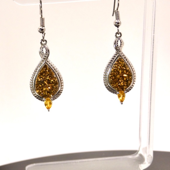 Golden Druzy & Citrine Sterling Silver Earrings - Picture 7 of 9